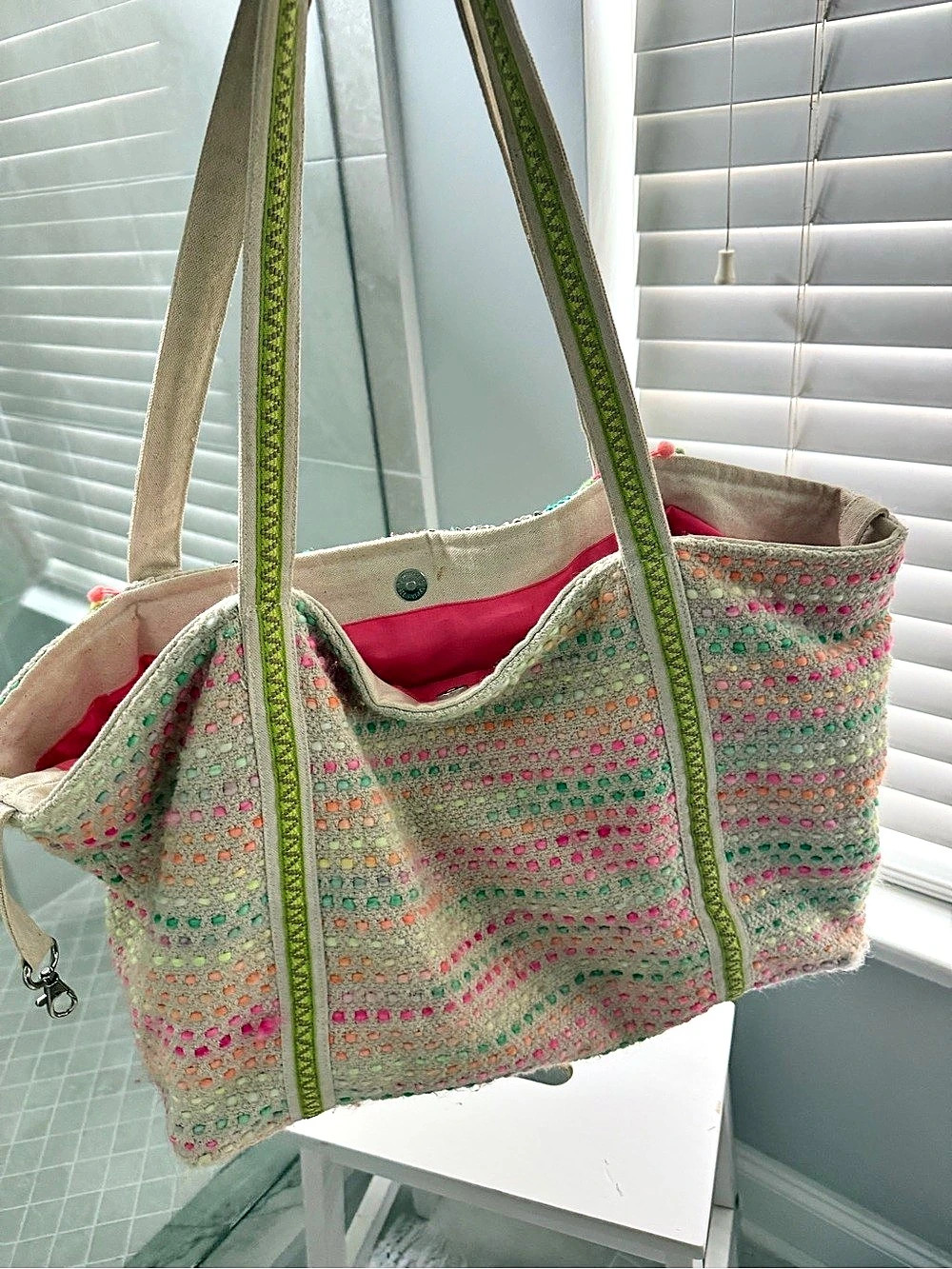 Embroidered Floral Tote in Pink & Green Like New